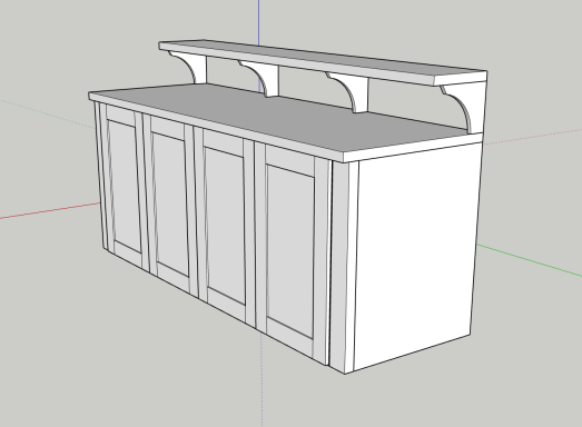 Simple white kitchen counter with an upper shelf and four cabinet doors.