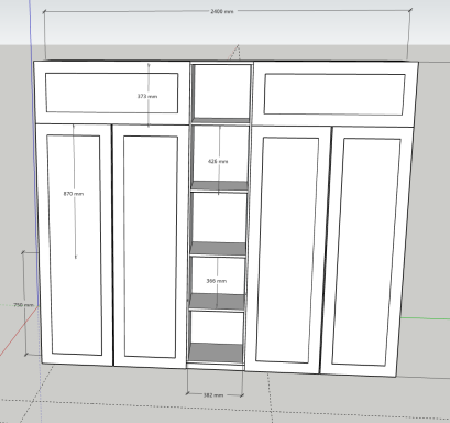 3D model of a tall cabinet with multiple doors and shelves for storage.