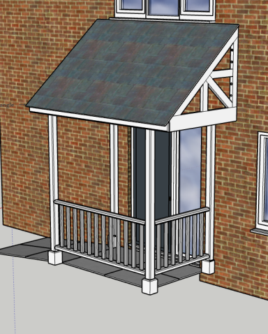 Porch with a sloped roof, white railing, and brick wall backdrop.