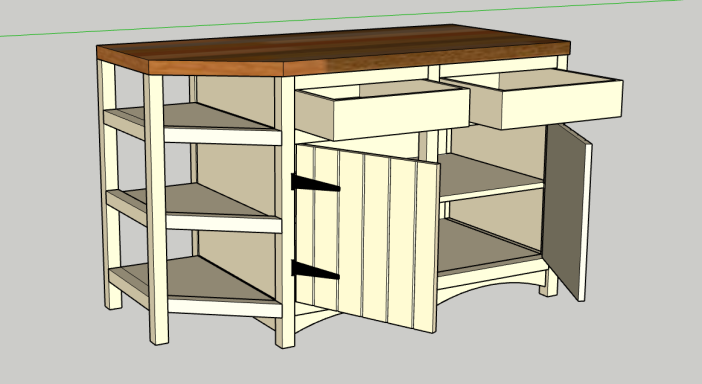 A wooden cabinet with a brown top, featuring open shelves, drawers, and a cabinet door.